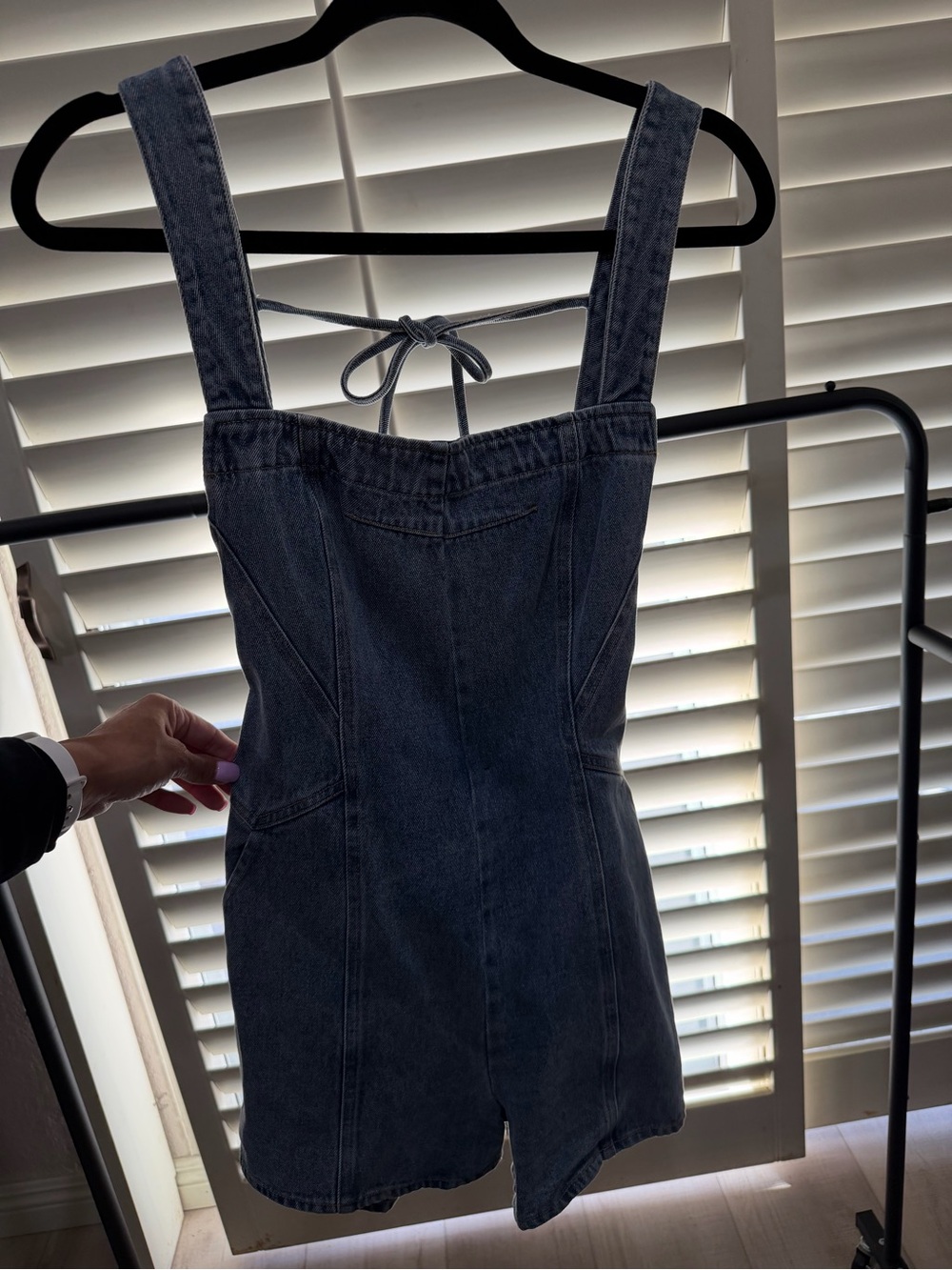 Light Blue Denim Mini Dress Romper - Women’s Square-Neck Playsuit - Picture 3 of 5